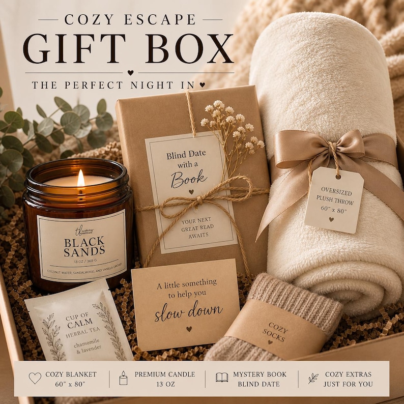 Peut inclure: Coffret cadeau Cozy Escape avec une couverture en peluche (152 cm x 203 cm), une bougie, un livre, des chaussettes et du th&eacute;. La bo&icirc;te comprend une bougie &eacute;tiquet&eacute;e "Black Sands" et un livre emball&eacute; dans du papier brun.