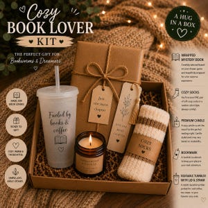 May include: A Cozy Book Lover Kit in a box, perfect for bookworms and dreamers. Includes a reusable tumbler with straw, a candle, cozy socks, a bookmark, and a wrapped mystery book. The tumbler reads "Fueled by books & coffee."