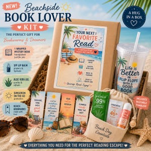 May include: A beach-themed gift set for book lovers, featuring a wrapped mystery book, aloe vera gel, sunscreen, lip balm, bookmarks, and a reusable tumbler. The set includes a tote bag with the words "Beach Day Essentials."