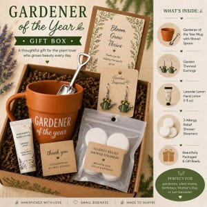May include: A gift box for gardeners, featuring a terracotta-colored mug with "Gardener of the Year" text, a small shovel, earrings, hand lotion, and shower steamers. The box includes a card that says "thank you" and another that says "Bloom Grow Thrive".