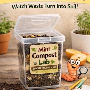 May include: A clear plastic Mini Compost Lab Kit with the lid open, filled with soil and food scraps. The label reads "Mini Compost Lab" and "Eco STEM Science Kit". A cartoon worm with a magnifying glass and pencils are on the wooden surface.