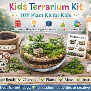 May include: A Kids Terrarium Kit with a glass bowl terrarium, soil mix, charcoal, drainage beads, plants, moss, and instructions. The kit is labeled "DIY Plant Kit for Kids" and includes the text "Fairy Garden".