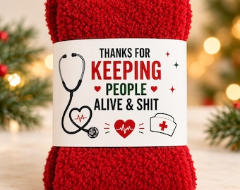 Funny Nurse Christmas Fuzzy Socks with Humorous Belly Band, Red Cozy Socks