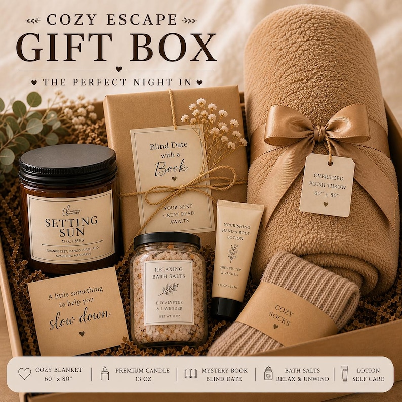 Peut inclure: Un coffret cadeau douillet avec une couverture en peluche (152 cm x 203 cm), une bougie, des sels de bain, une lotion, un livre et des chaussettes. Les articles sont dispos&eacute;s dans une bo&icirc;te marron.