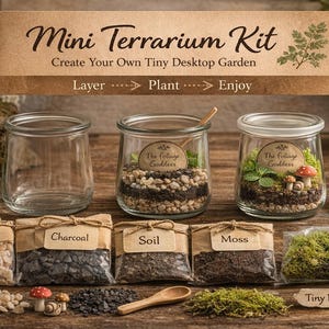 May include: A mini terrarium kit featuring three glass jars, one empty and two containing soil, pebbles, and moss. Includes labeled paper pouches of drainage pebbles, charcoal, soil, and moss, plus tiny mushroom and snail decorations.