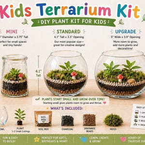 May include: A Kids Terrarium Kit with three glass bowl options: Mini (3.75" tall), Standard (4.1" tall), and Upgrade (5" tall). Each kit includes soil mix, charcoal, drainage beads, moss, and plant cuttings. The kit is designed for fun and creative plant growing.