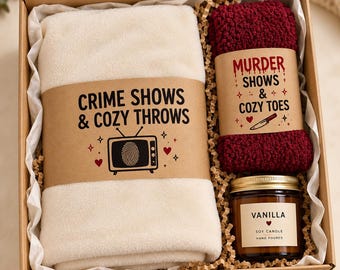 True Crime Gift Box with Blanket, Fuzzy Socks and Candle, Cozy Gift for Her