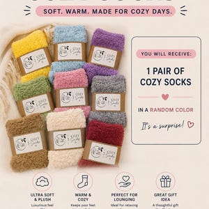Peut inclure: Une collection de "COZY SOCKS" en peluche color&eacute;es, dans des tons de jaune, bleu, violet, vert, rose, gris, marron, cr&egrave;me et bordeaux. Chaque paire est emball&eacute;e avec une bande de papier brun. Le texte dit "SOFT. WARM. MADE FOR COZY DAYS."
