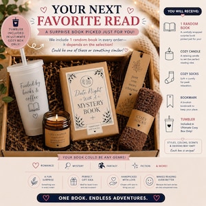 May include: A gift box containing a frosted tumbler with the text Fueled by books & coffee, a brown-wrapped mystery book, a scented candle labeled Cozy Chapter, a brown bookmark with the text just one more chapter, and brown fuzzy socks.