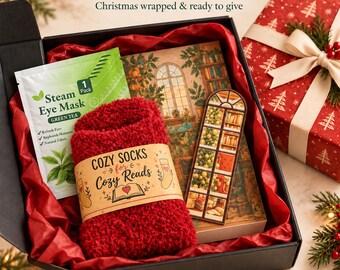Christmas Reader Gift Box, Surprise Book, Cozy Socks, Bookmark and Steam Eye Mask, Gift Wrapped Gift ready