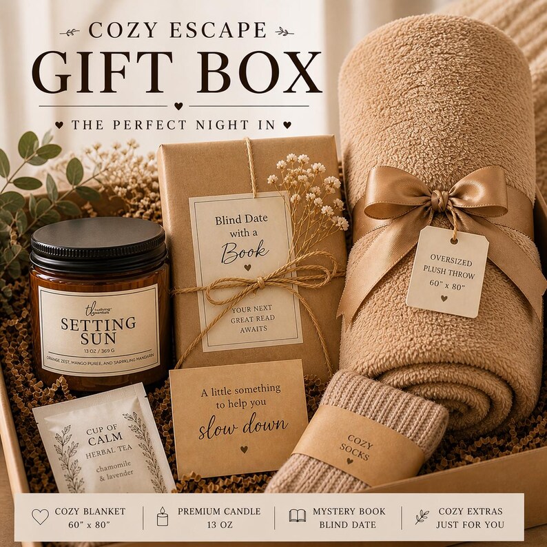 Peut inclure: Un coffret cadeau sur le th&egrave;me du confort, contenant une couverture en peluche (152 cm x 203 cm), une bougie, un livre, des chaussettes et une tisane. La bo&icirc;te comprend une bougie "Setting Sun" et un livre "Blind Date with a Book".