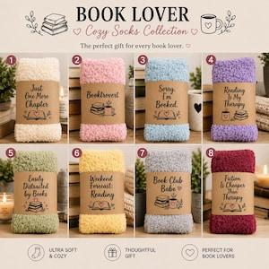 May include: A collection of eight pairs of fuzzy, solid-colored socks in cream, pink, light blue, purple, sage green, yellow, gray, and maroon. Each pair is wrapped in a brown paper band featuring unique book-themed text and illustrations.