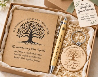 Grandparent Gift Set, Remembering Our Roots Family Tree Keepsake, Wooden Pen and Keychain, Gift for Grandma and Grandpa