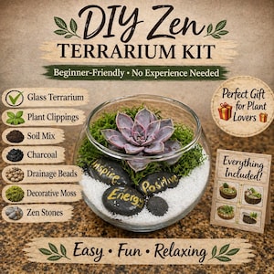 May include: A DIY Zen Terrarium Kit with a glass terrarium, plant clippings, soil mix, charcoal, drainage beads, decorative moss, and zen stones. The kit includes a succulent, decorative stones with the words "Inspire", "Energy", and "Positive". The text reads "Easy, Fun, Relaxing".