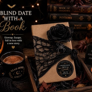 May include: A rectangular book wrapped in brown paper, decorated with black lace, a black rose, and a small spider charm. A circular sticker on the front reads A BLIND DATE WITH A BOOK. The book is placed in a wooden box with dark accents.