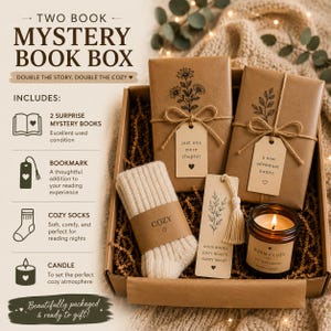 May include: A mystery book box containing two books wrapped in brown paper with floral stamps and gift tags, a pair of cream-colored ribbed socks with a cozy label, a paper bookmark with a tassel, and a small amber glass jar soy wax candle.