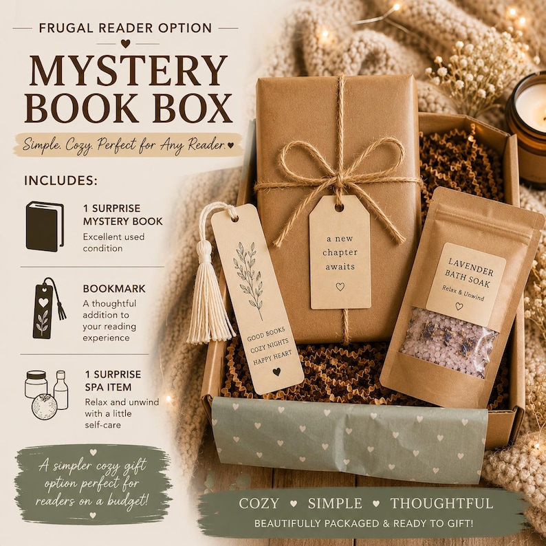 Peut inclure: Un coffret livre myst&egrave;re avec un livre surprise, un marque-page et un article de spa. La bo&icirc;te est envelopp&eacute;e dans du papier brun et attach&eacute;e avec de la ficelle. Comprend un marque-page avec un pompon et une &eacute;tiquette avec l'inscription "a new chapter awaits".