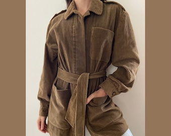 Vintage 70s corduroy belted long jacket / beige camel three pocket sport jacket /Mister Leonard corduroy coat