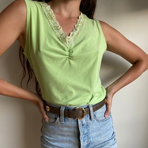 Vintage Y2K Lime Green Ruched Tank Top: Sequined Lace Neckline