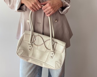 Vintage Y2K off white baguette bag / crocodile animal print shoulder bag / XOXO handbag / small structured purse