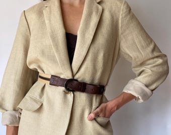 Blazer vintage en lin mélangé : veste beige minimaliste en laine et soie, taille 14