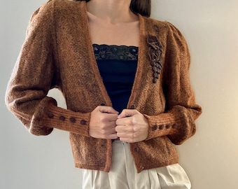 Vintage 80s puff sleeve russetbrown mohair cardigan / deep V mutton sleeve button down sweater / cropped mohair wool cardigan / small medium