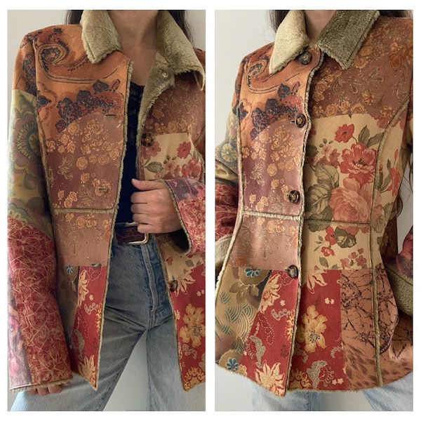 Vintage Y2K does 70s faux suede patchwork floral paisley coat / boho hippie 60s 70s look jacket / faux fur / penny lane coat / small medium