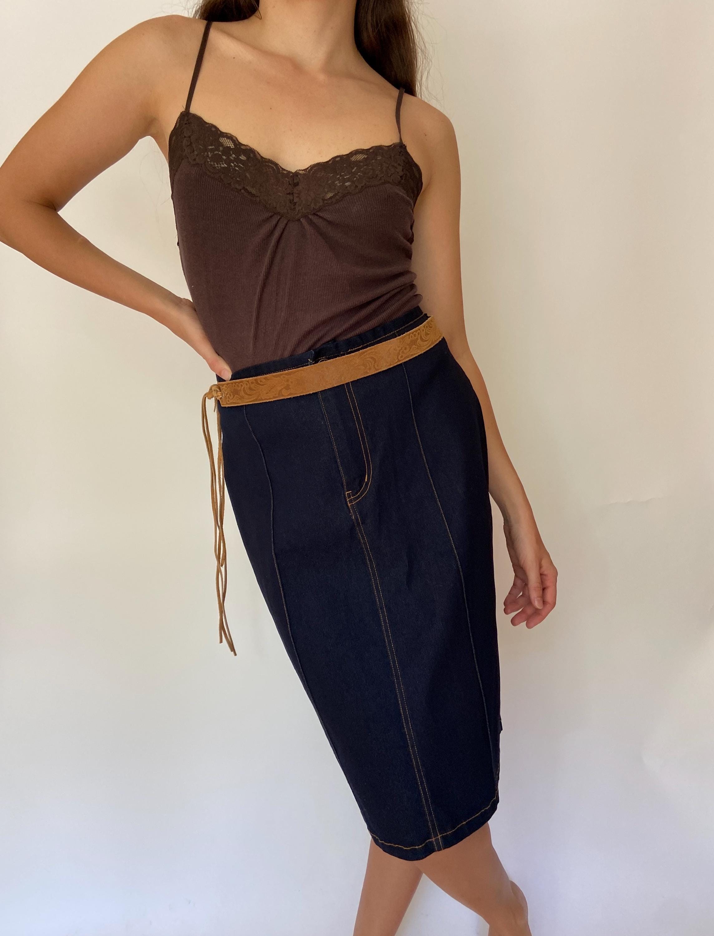 mid length denim skirts 90s