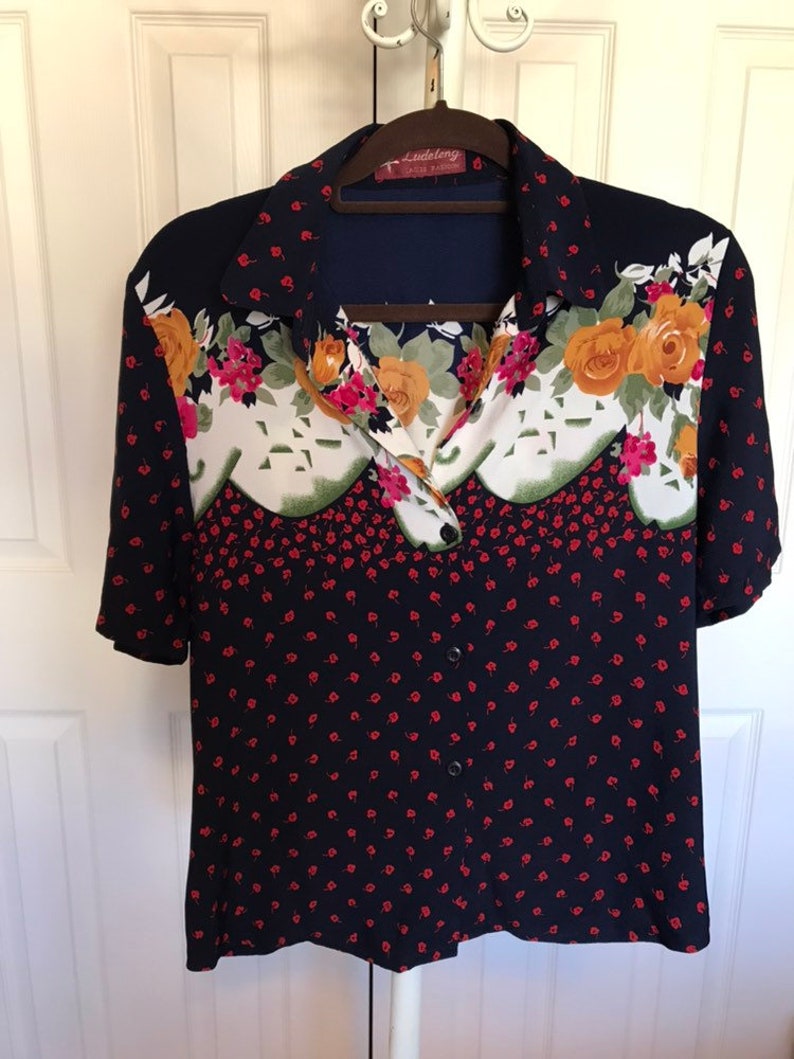 Vintage short sleeve floral blouse vintage flower print blouse vintage tropical blouse