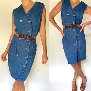 Vintage 90s button-down denim dress / double-breasted long jean dress / v-neck denim dress / large to extra large