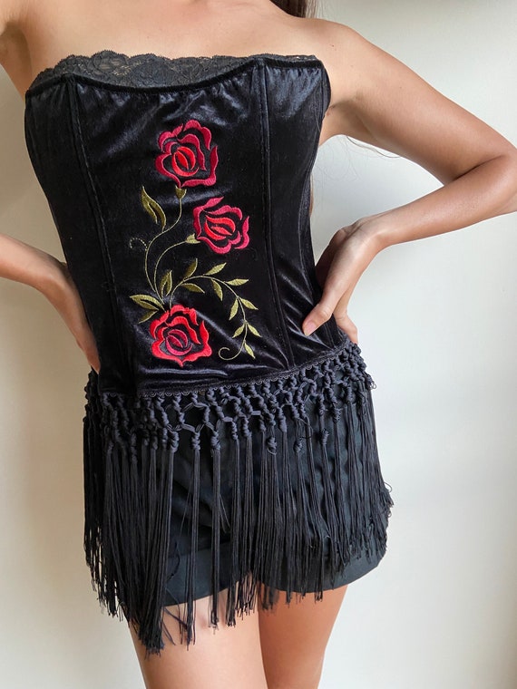 Vintage 90s Y2K Velvet Flower Embroidered Corset / Victorias Secret Corset  / Fringed Corset / Lace Neckline Bustier Lingerie 