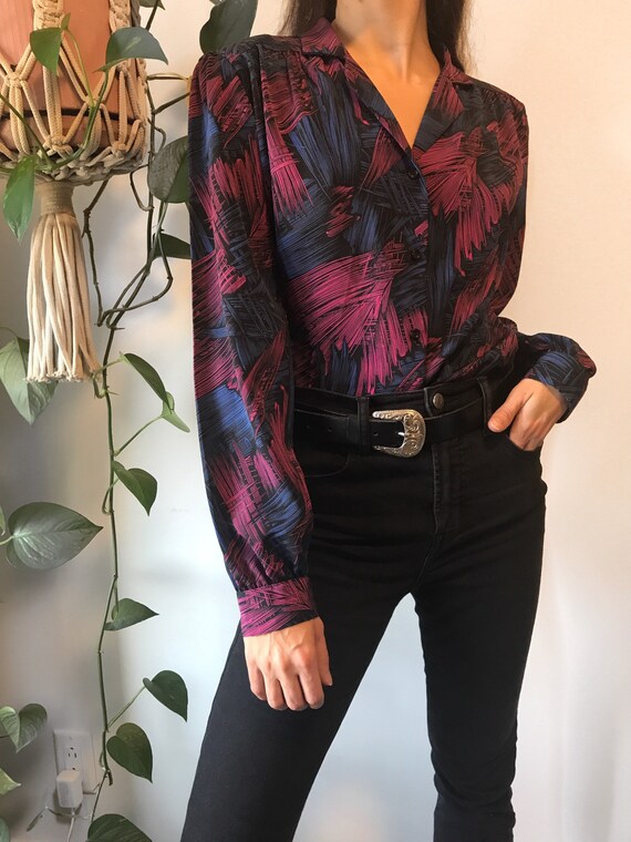 Vintage 80s eclectic graphic puff sleeve blouse si