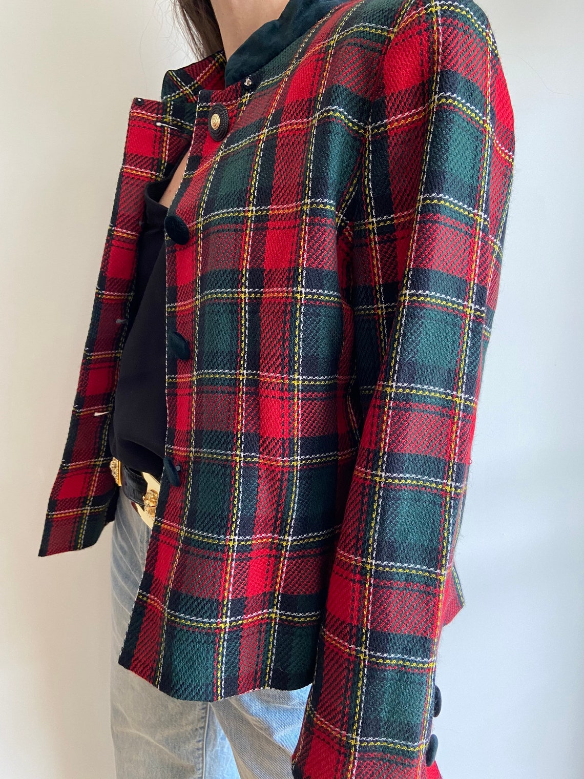 Vintage plaid tartan wool jacket / high neck velvet collar red | Etsy