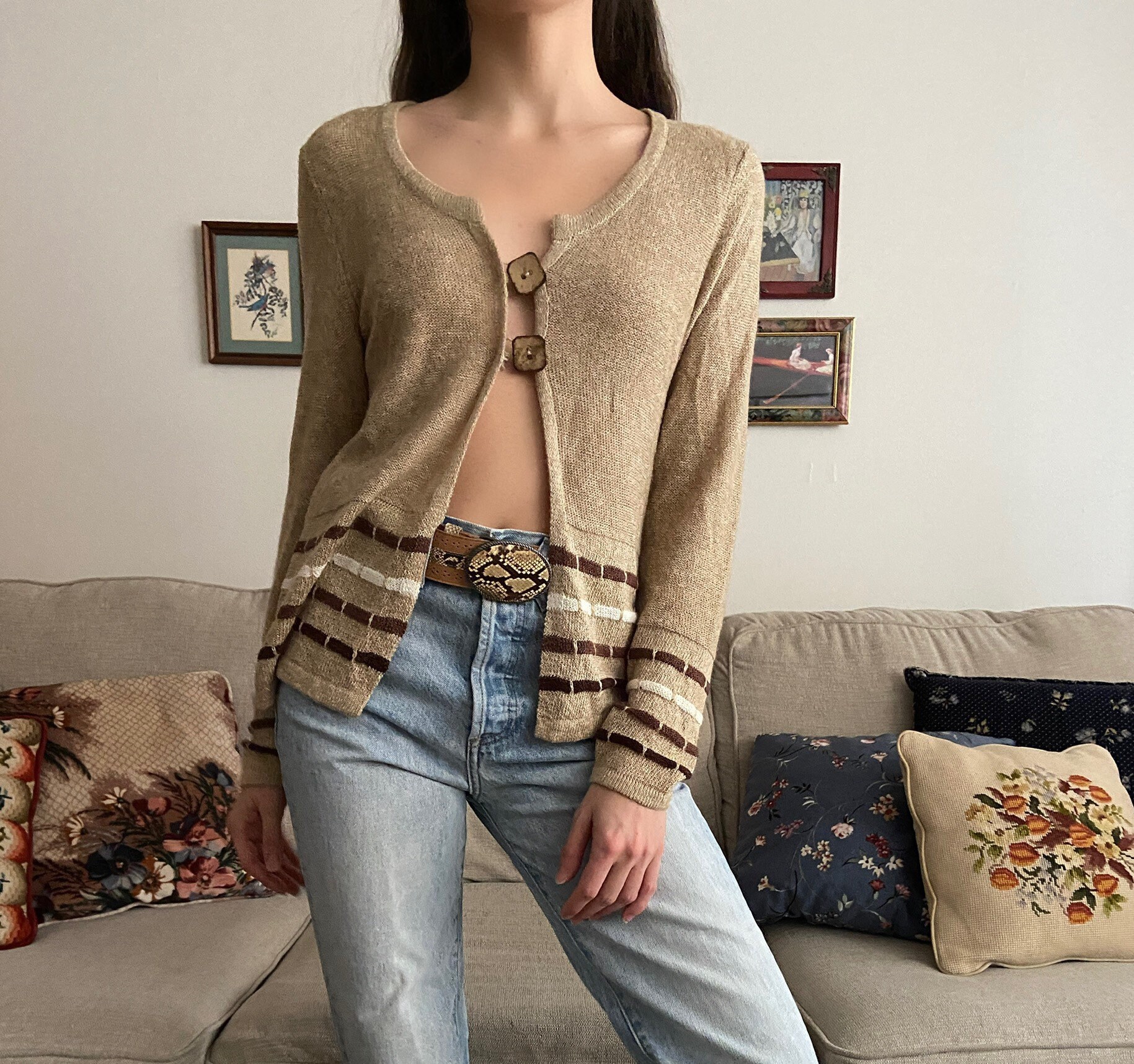 Vintage 90s Beige Brown Striped 