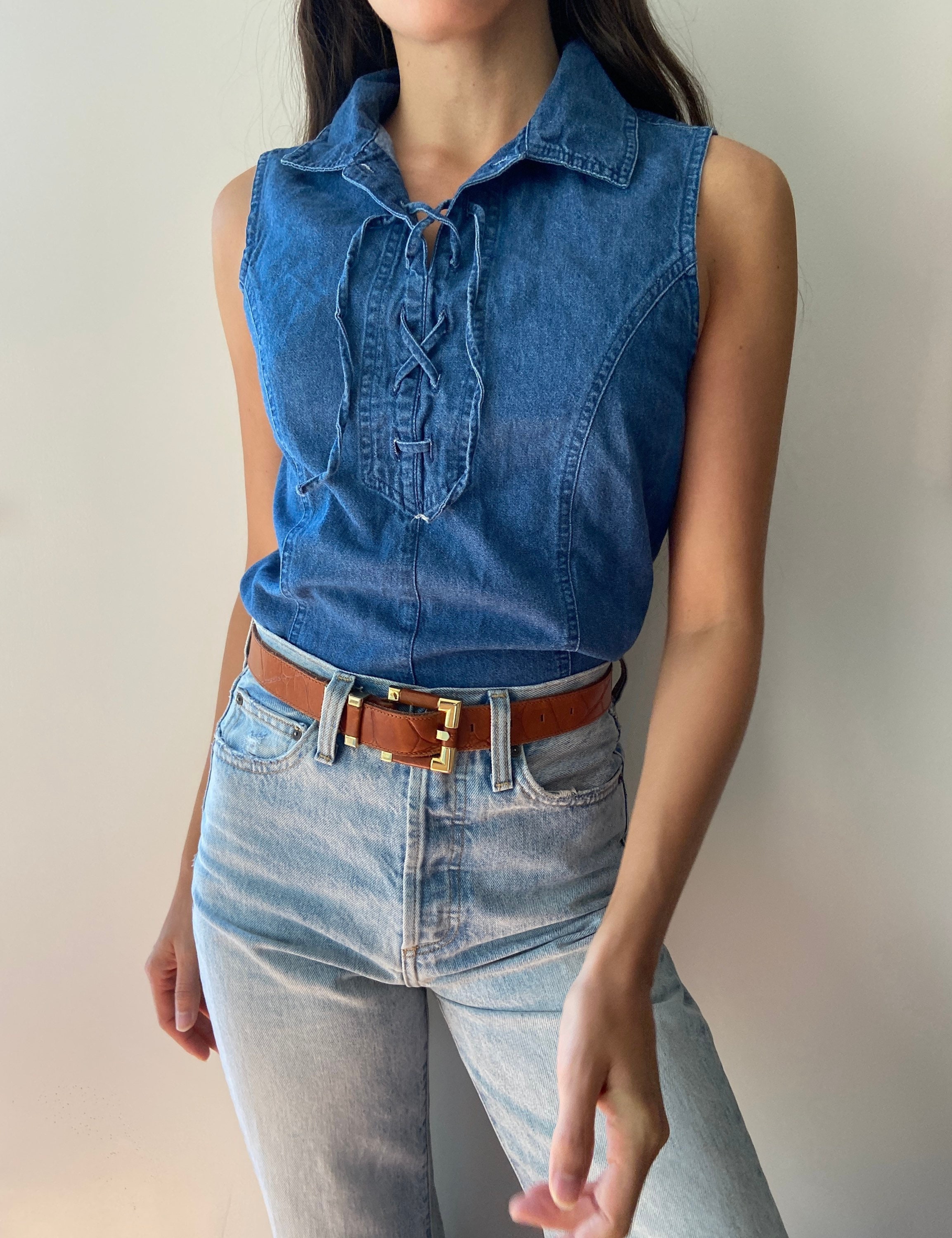 Dark Denim Pullover Sleeveless Button-Up Shirt - Cowgirl Tuff Company