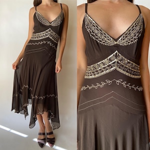 Vintage Y2K sequinned brown dress /Y2K prom dress /  sheer overlay dress/ brown gold embroidered maxi dress / beaded deep V dress /boho glam