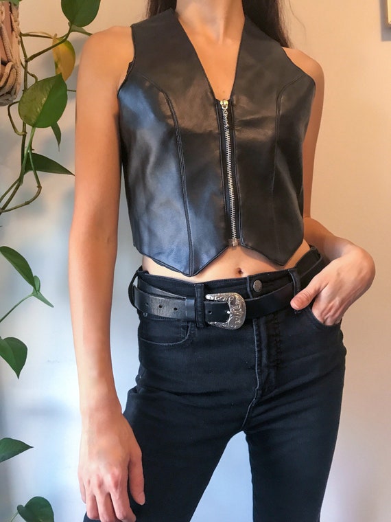Vintage black faux leather vest / cropped deep V