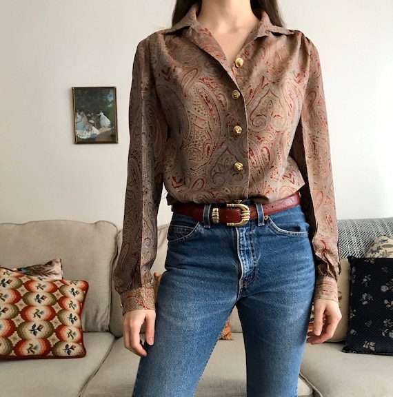 Vintage red gold paisley silk feel blouse - 70s lo