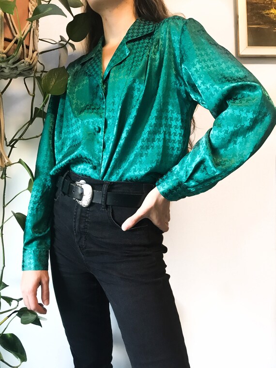 Vintage jade green puff sleeve satin look blouse