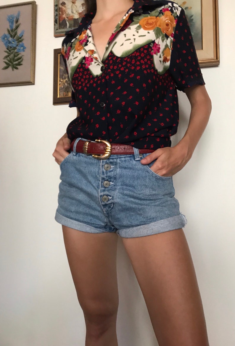 Vintage short sleeve floral blouse vintage flower print blouse vintage tropical blouse