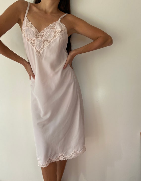 Vintage 70s Barbizon Slip Dress: Pink Lace, Floral Em - Gem