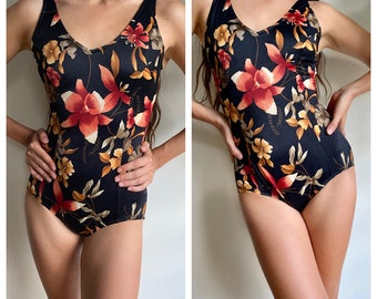 Vintage one-piece floral swimsuit / Jantzen swimwear / 50s 1950s look bathing suit / black rust orange / flower print / extra small to small