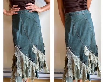 Vintage Y2K maxi denim skirt / long A-line ruffle tulle skirt / fairycore fairygrunge sequin floral lace skirt