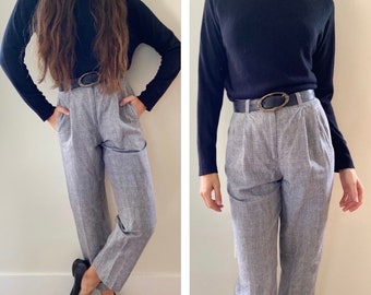 Vintage high waisted plaid trousers / 90s linen cotton pleated trousers /  black white checked gingham pants /preppy minimalist trousers