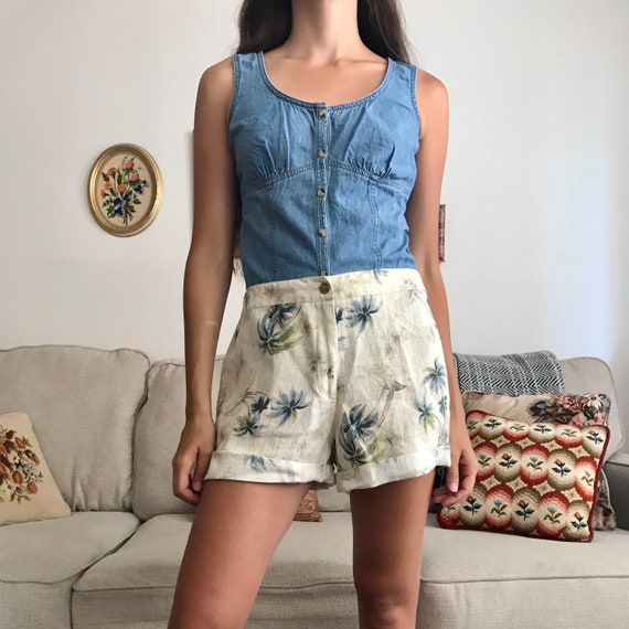 Vintage tropical floral linen shorts / beige linen