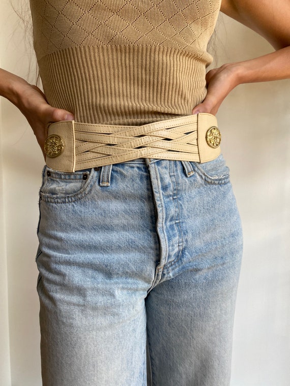 Vintage Cream Belt: Gold Floral Art Deco Details, Size 27-32 