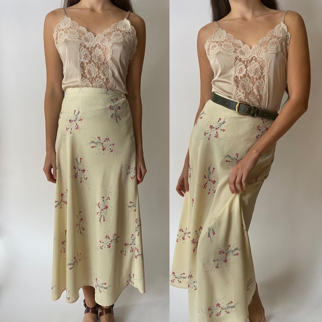 Vintage 90s navy floral slinky maxi skirt - L/XL