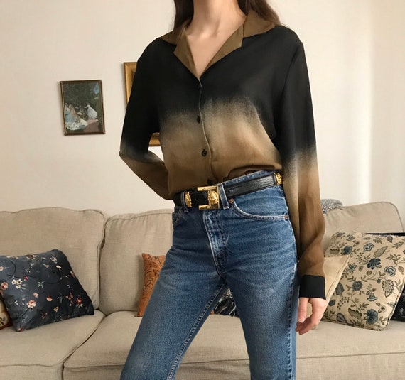 Vintage green black tie dye ombré gradient blouse