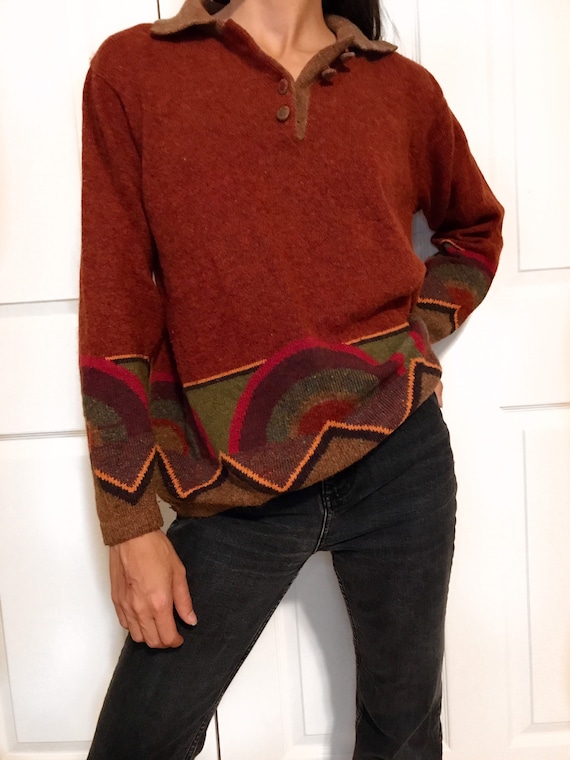 Vintage boho hippie sweater / long collared rust r