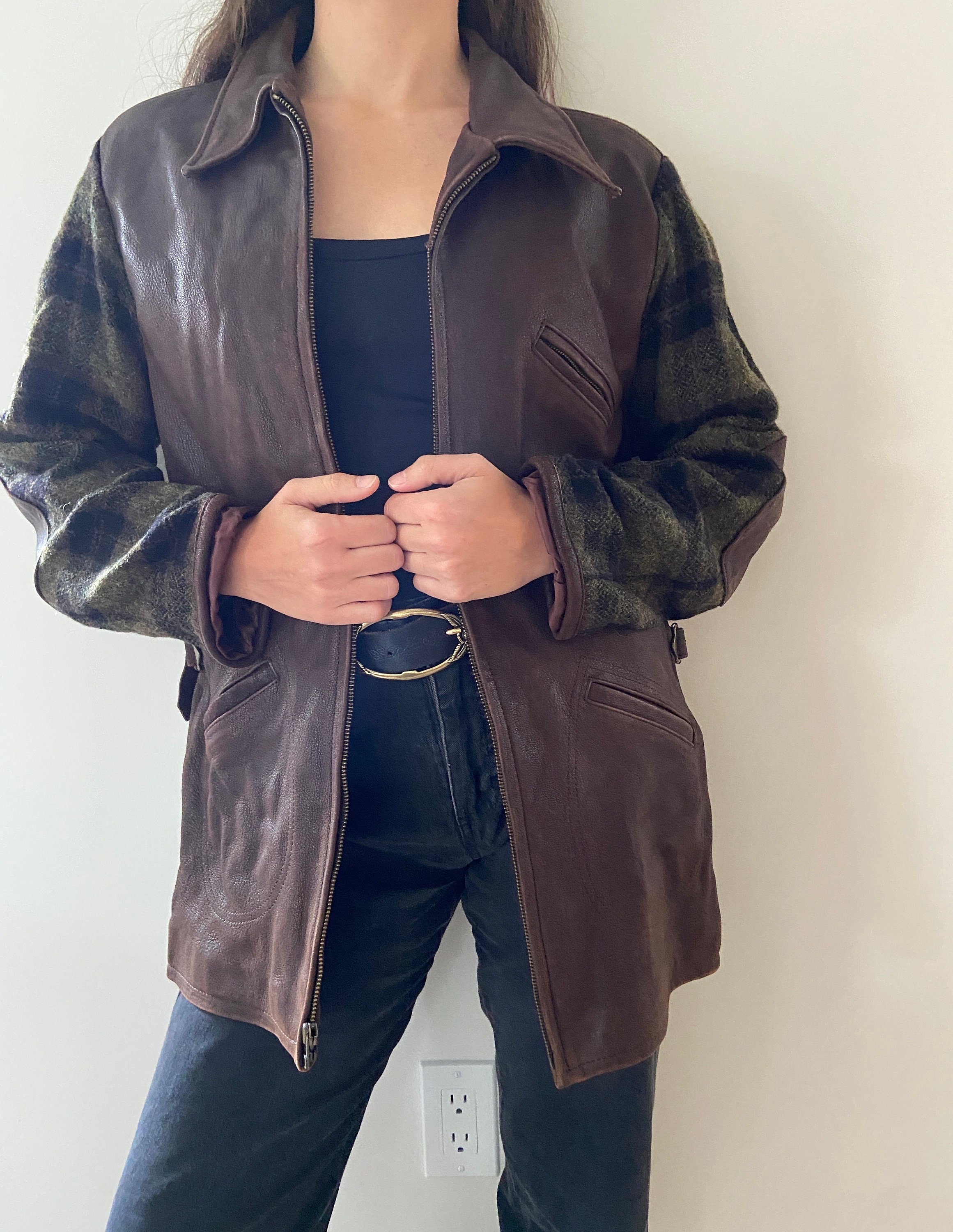 ジャケット・アウター 90s- LONGHI wool&lether half coat Vintage 90s Gap Leather and Wool Plaid Jacket / Grunge